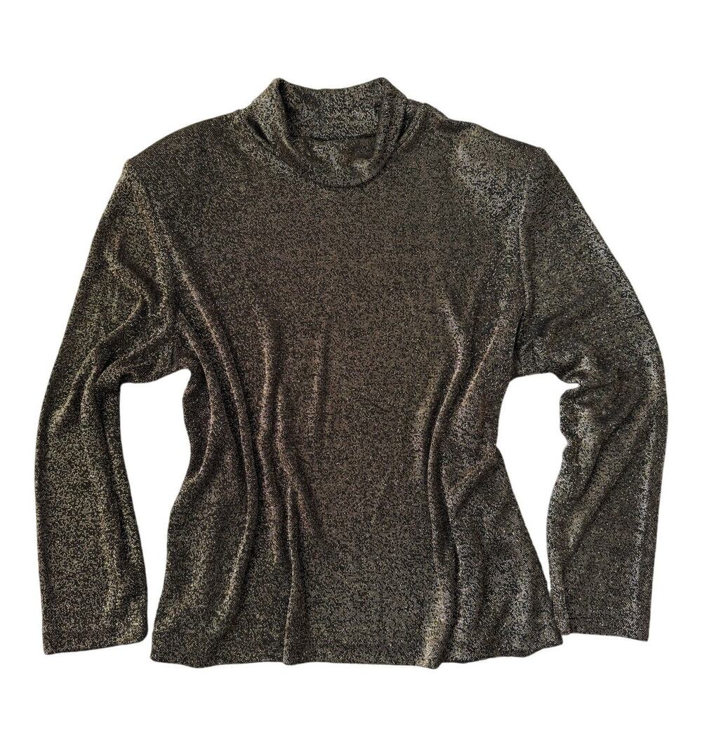 Vintage 70s Metallic Shirt Gold Black Cowl Neck Glam Party Sparkly Disco Top XL